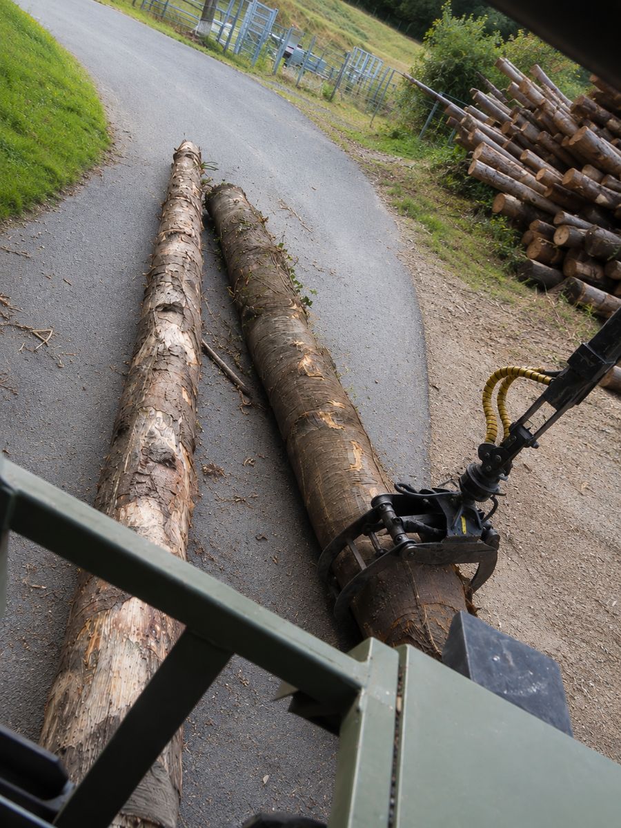 Stammholz wird mit dem Kran am Waldweg gerückt